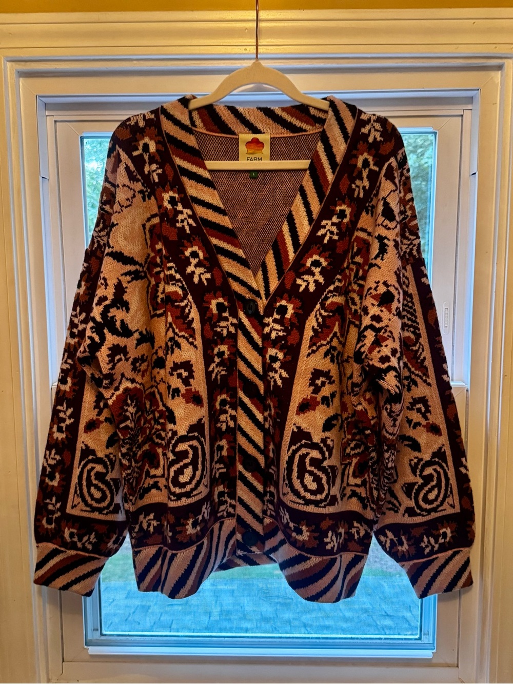 FARM Rio Brown and Cream Patterned V-Neck Cardigan